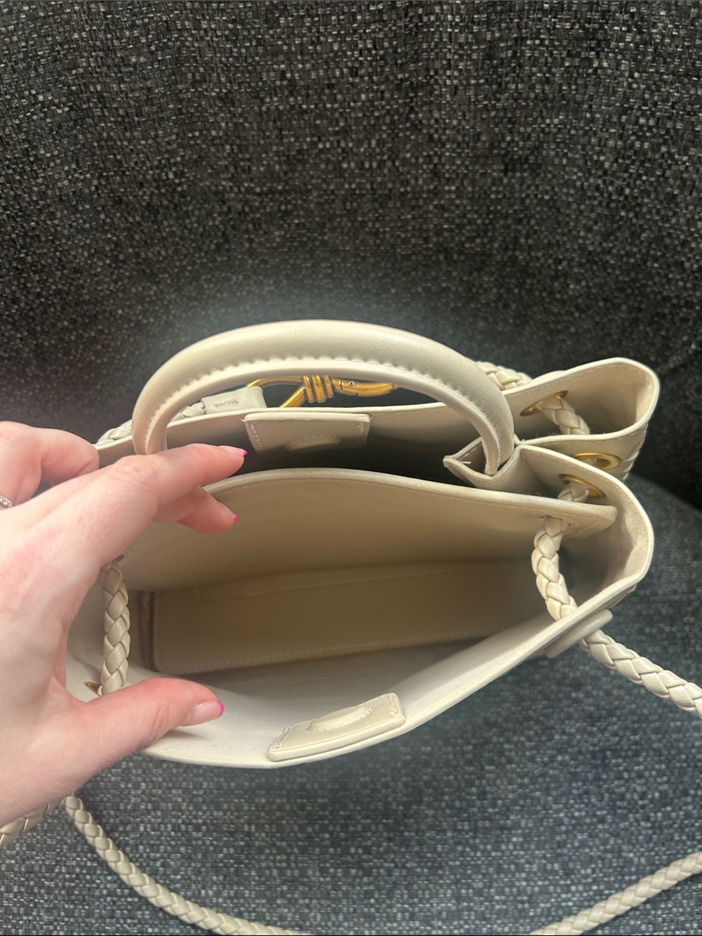 Woven Pleather Tote with Gold Knot Accent - Cream - Picture 5 of 7